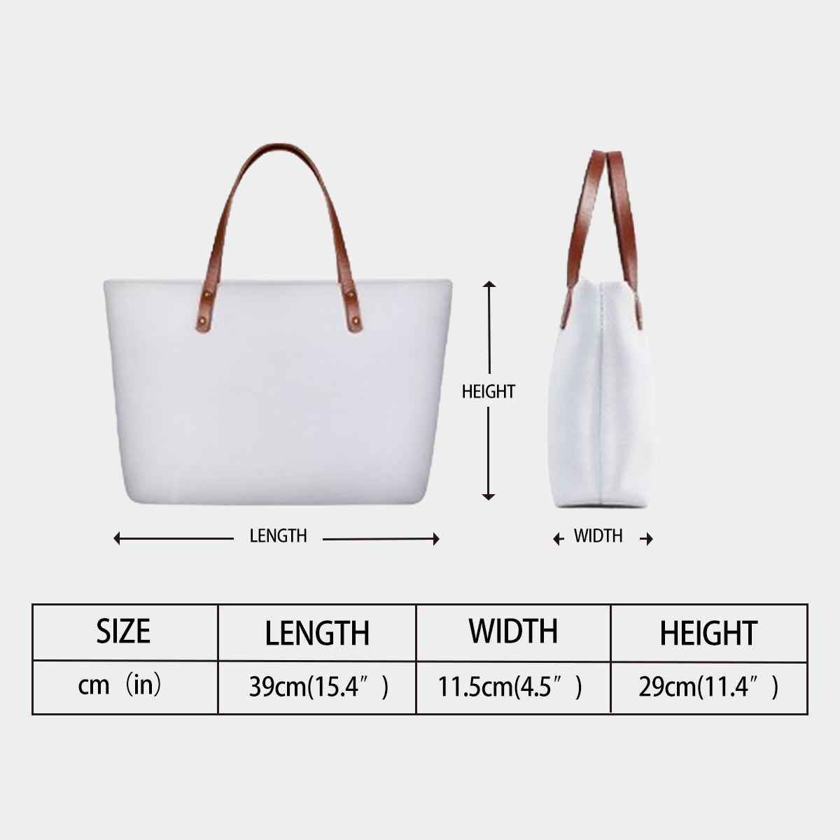 White floral tote bag dimensions diagram: length, width, height