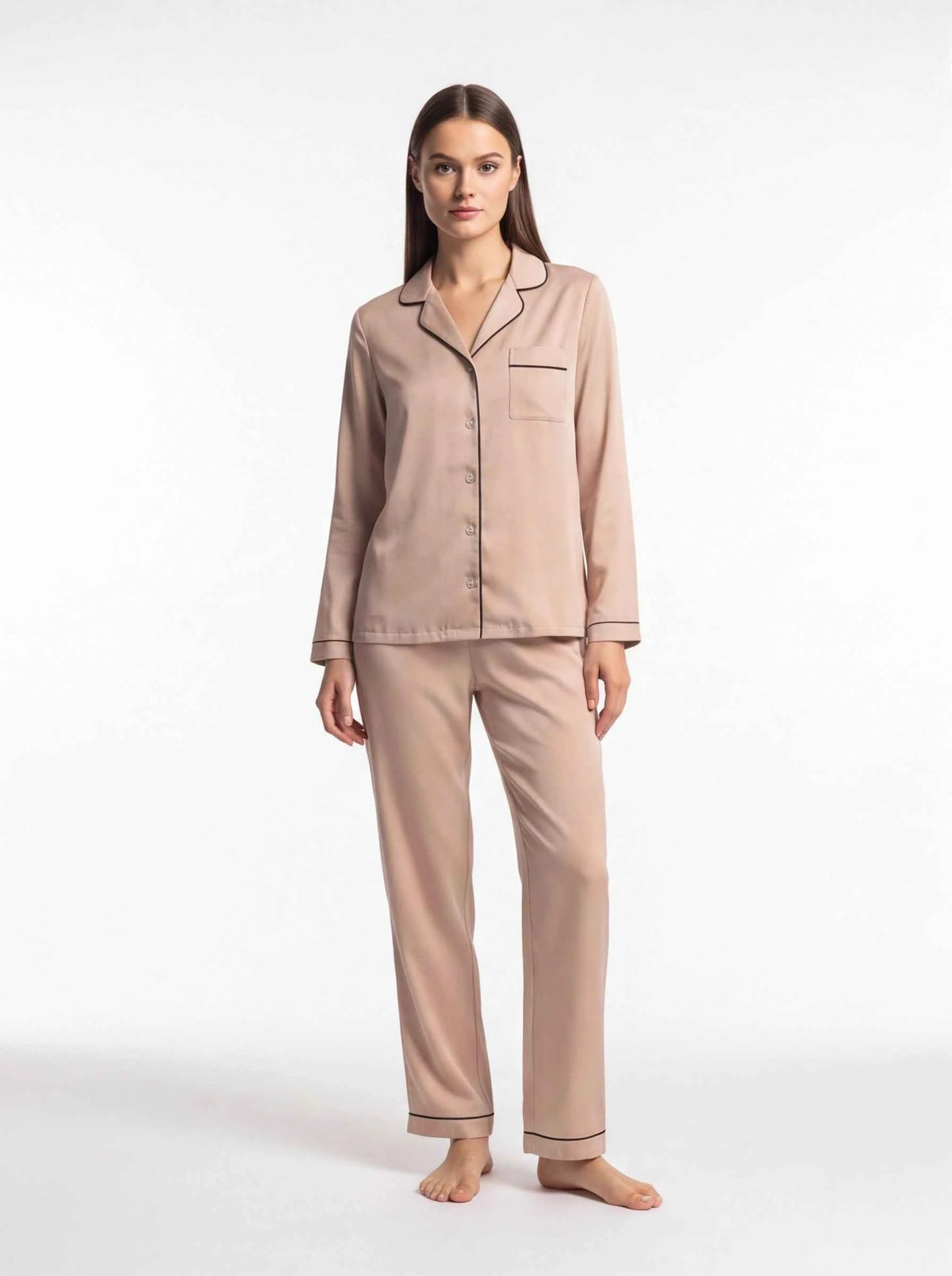 Blush pink satin pajama set with button-up shirt and straight trousers