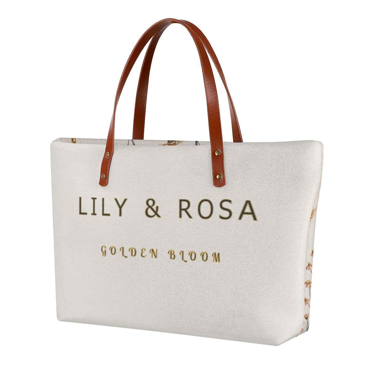 White tote bag with gold "LILY & ROSA" print and brown leather-look handles.