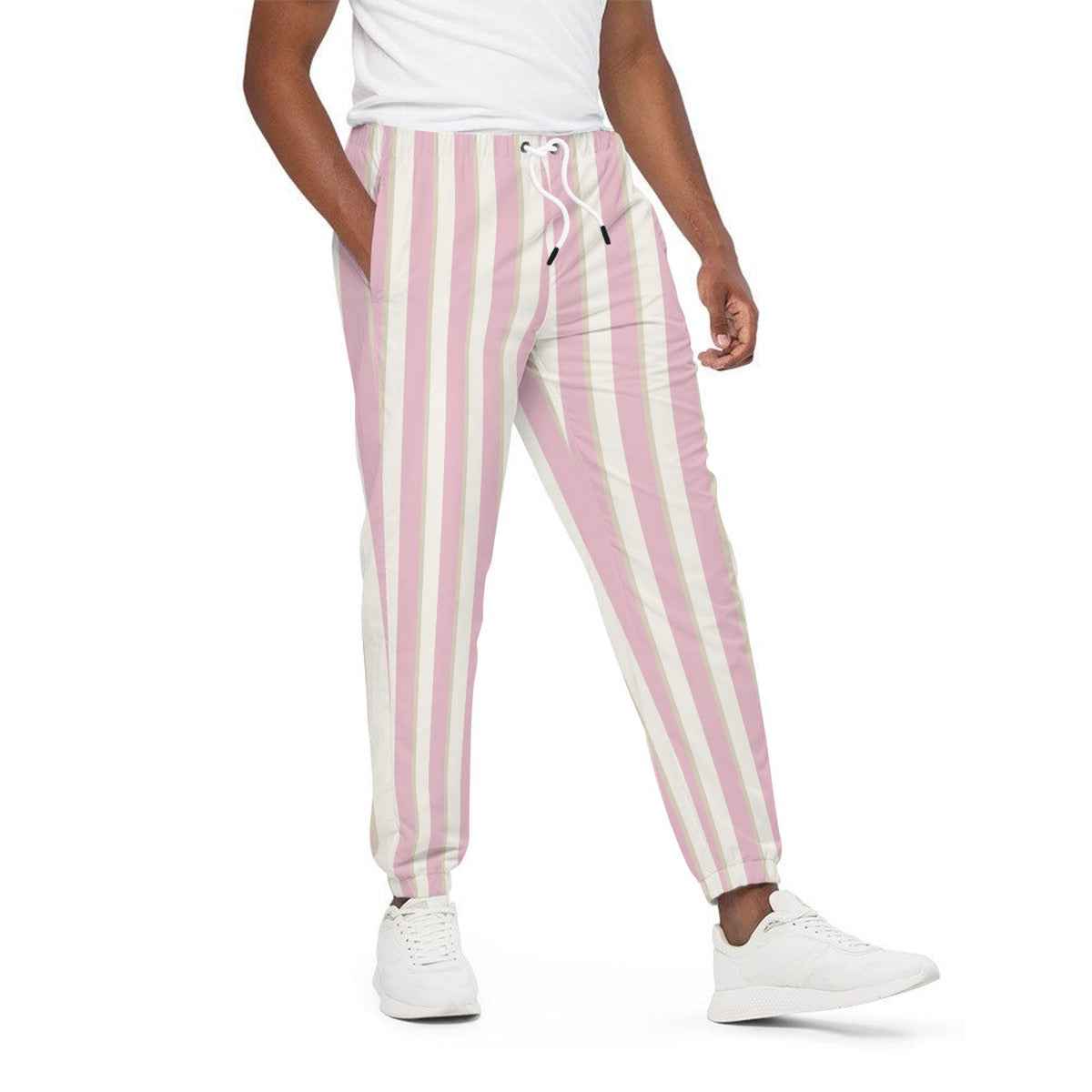 Pink and white striped cotton jogger pants with drawstring waist and tapered cuffs