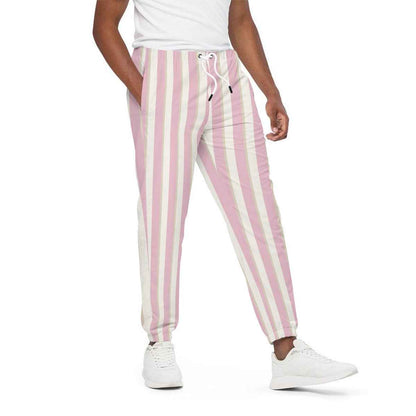 Pink and white striped cotton jogger pants with drawstring waist and tapered cuffs