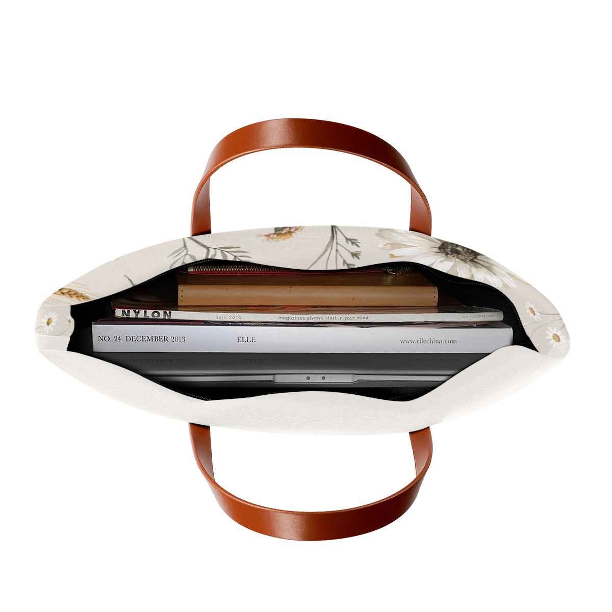 White floral tote bag with brown leather-look handles, open top and fabric lining.