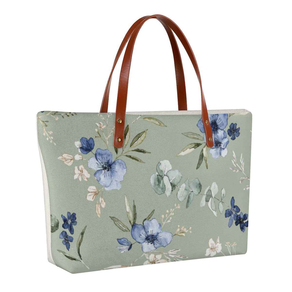 Floral rectangular beach tote with brown handles on sage green background
