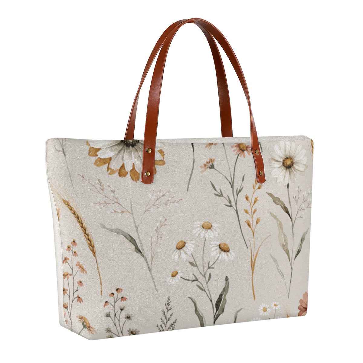 White floral canvas tote bag with brown leather-look handles and wide top opening.