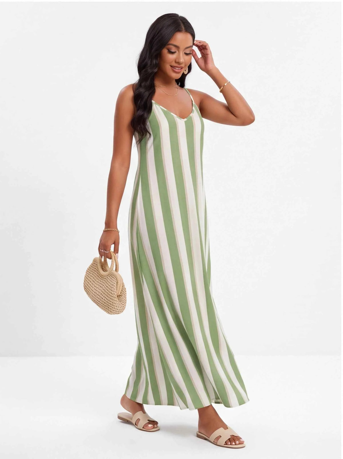 Green and white vertical striped spaghetti-strap maxi dress, V-neck front view