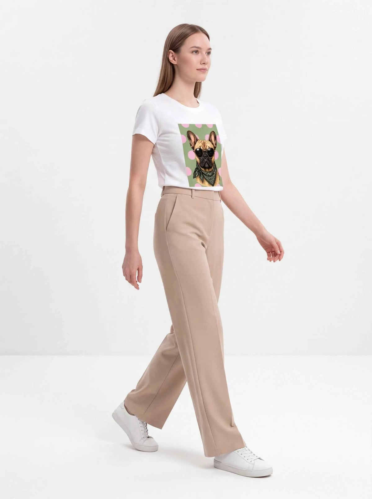 White crewneck T-shirt with centered bulldog portrait graphic and polka-dot border
