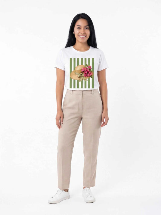 White graphic T-shirt with straw hat and pink floral print on green stripes