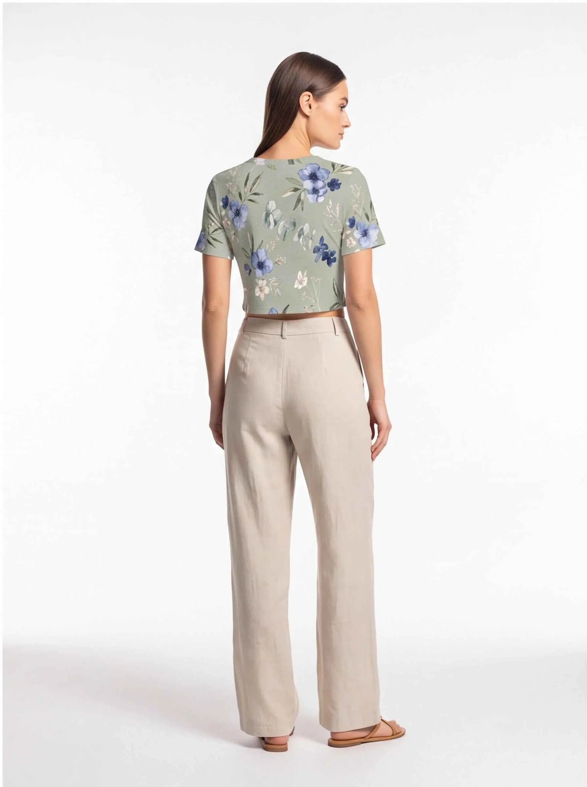 Women’s back view cropped t-shirt, sage green with blue floral print