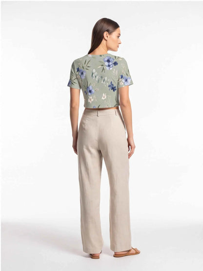 Women’s back view cropped t-shirt, sage green with blue floral print
