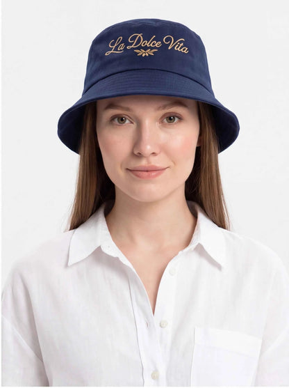 Navy bucket hat with embroidered La Dolce Vita logo on front