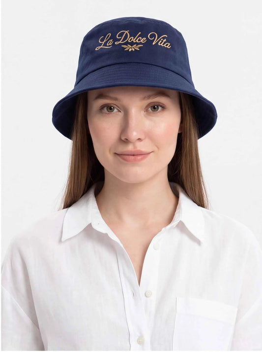 Navy bucket hat with embroidered La Dolce Vita logo on front