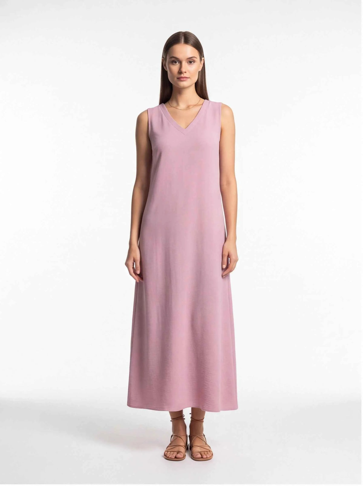 Mauve sleeveless V-neck maxi dress with relaxed A-line fit