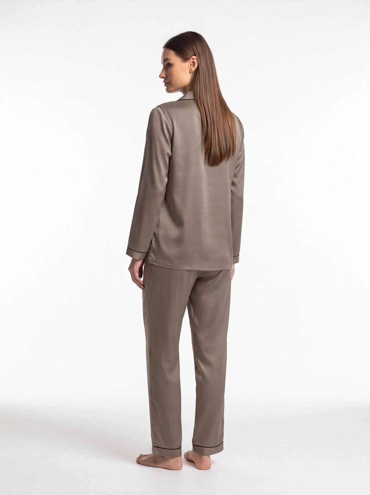 Taupe satin pajama set, back view of long-sleeve button shirt and tapered pants
