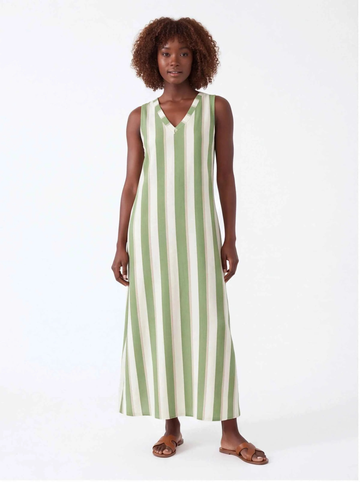 Sleeveless V-neck maxi dress with vertical green-and-cream stripes