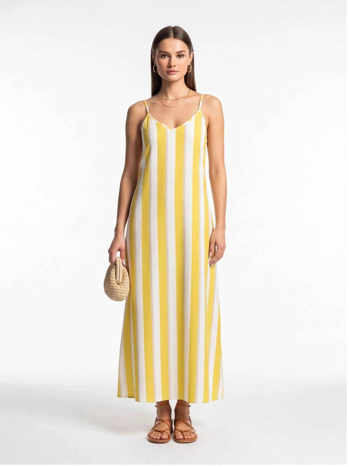 Yellow and white vertical striped spaghetti-strap maxi dress with V-neck