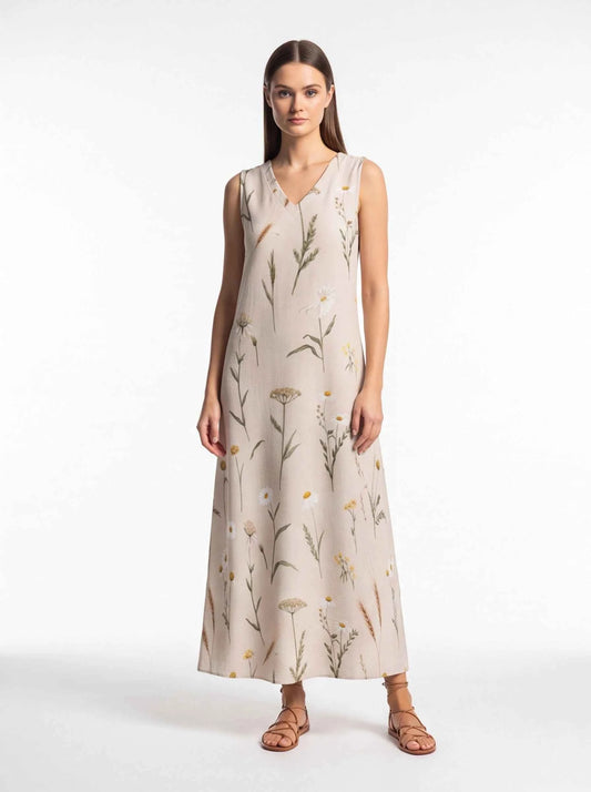 Women’s sleeveless V-neck maxi dress, botanical print on light blush fabric
