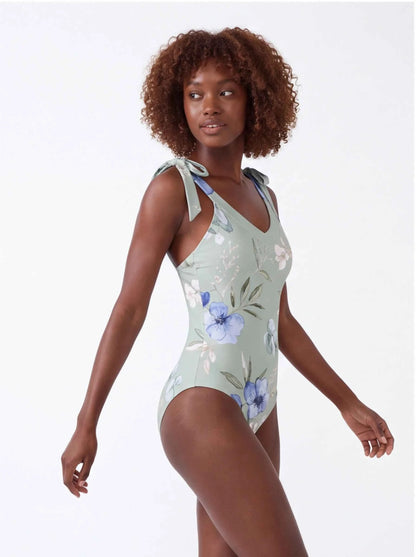 Floral tie-shoulder one-piece swimsuit, light green with blue flower and leaf print