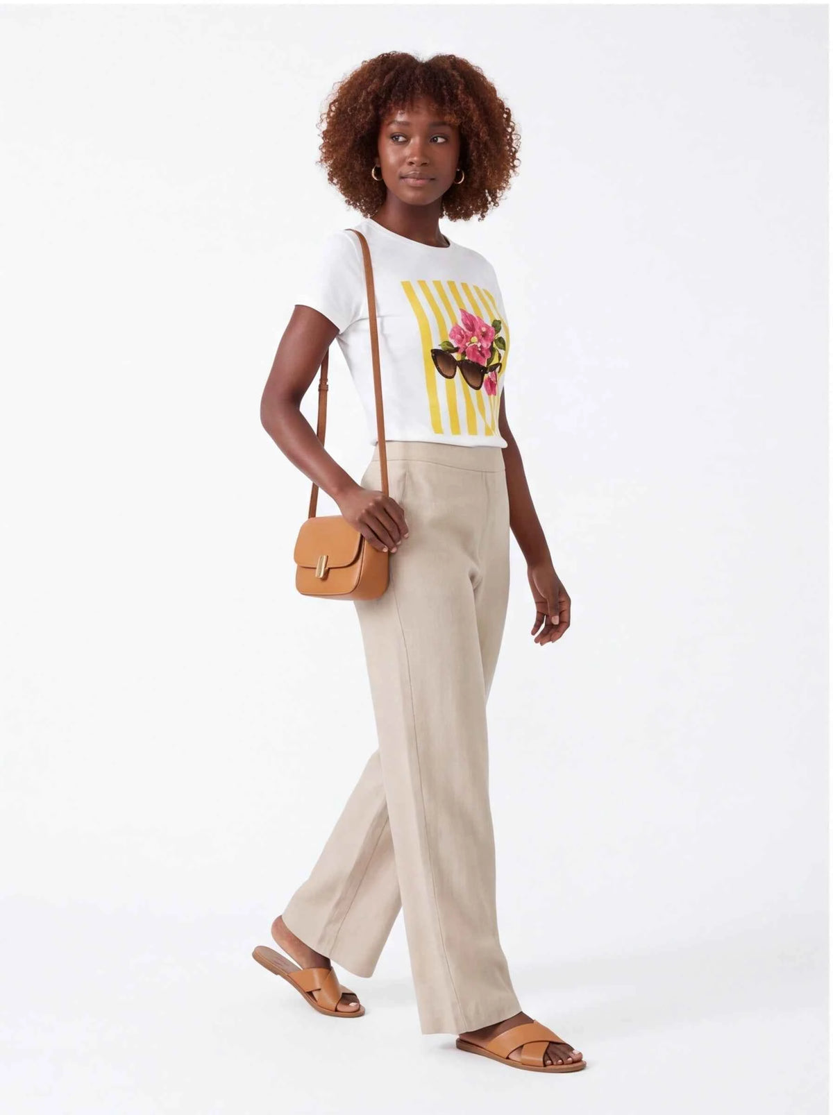 White graphic T-shirt with striped floral sunglasses front print, relaxed fit