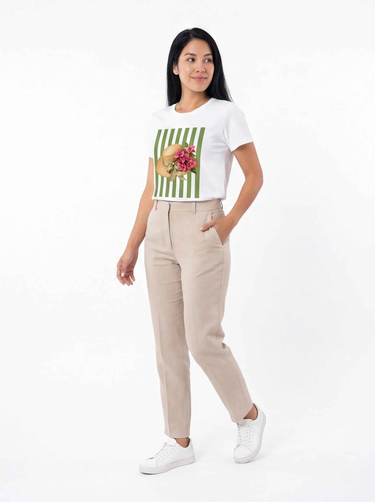 White short-sleeve T-shirt with straw hat and pink floral graphic on green stripes