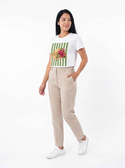 White short-sleeve T-shirt with straw hat and pink floral graphic on green stripes