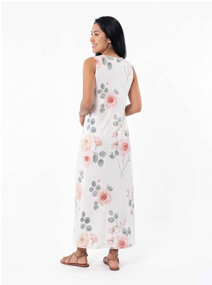 White sleeveless maxi dress with allover floral print and back yoke seam
