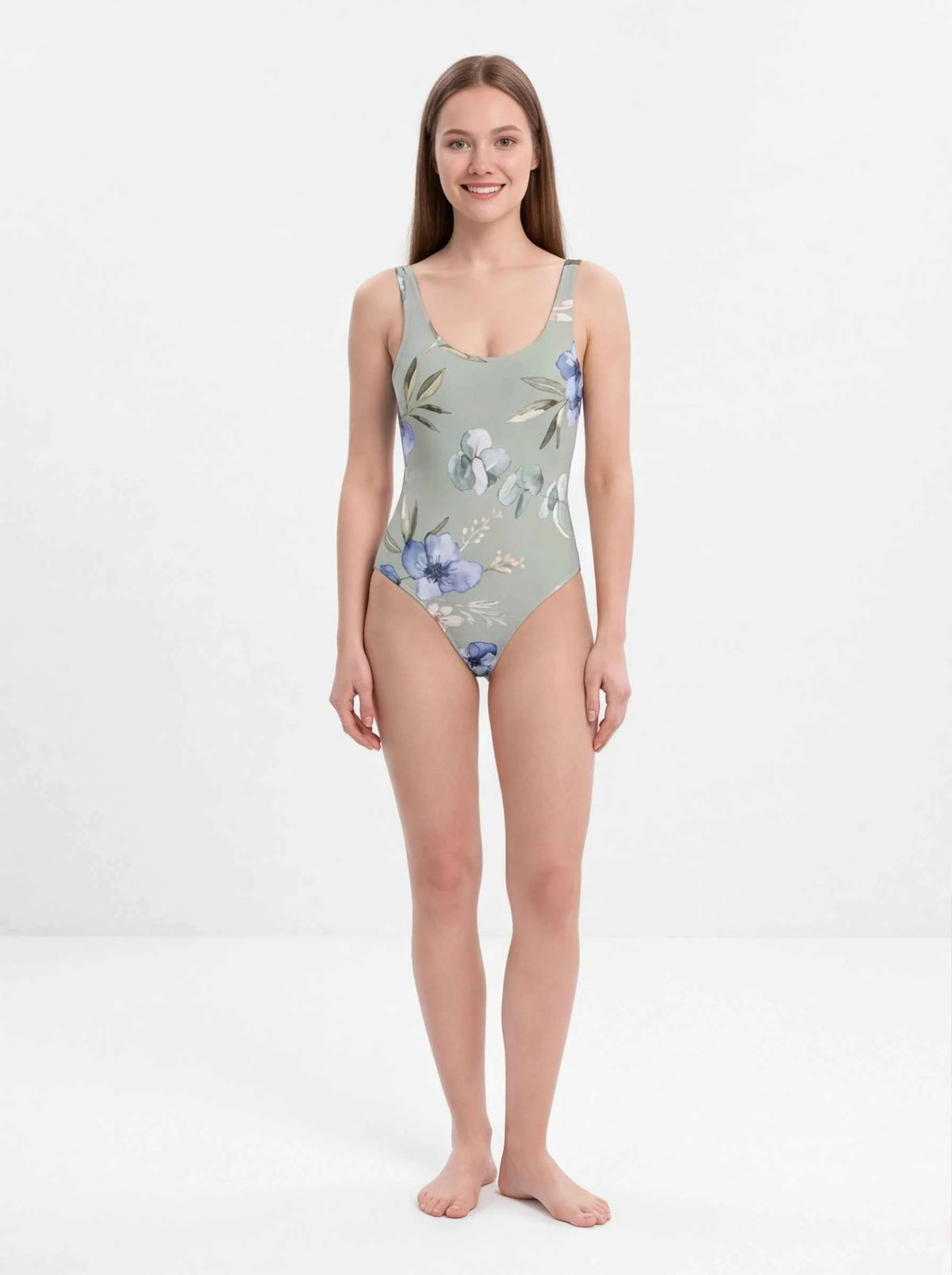 Floral one-piece swimsuit in pale blue with botanical print and scoop neckline