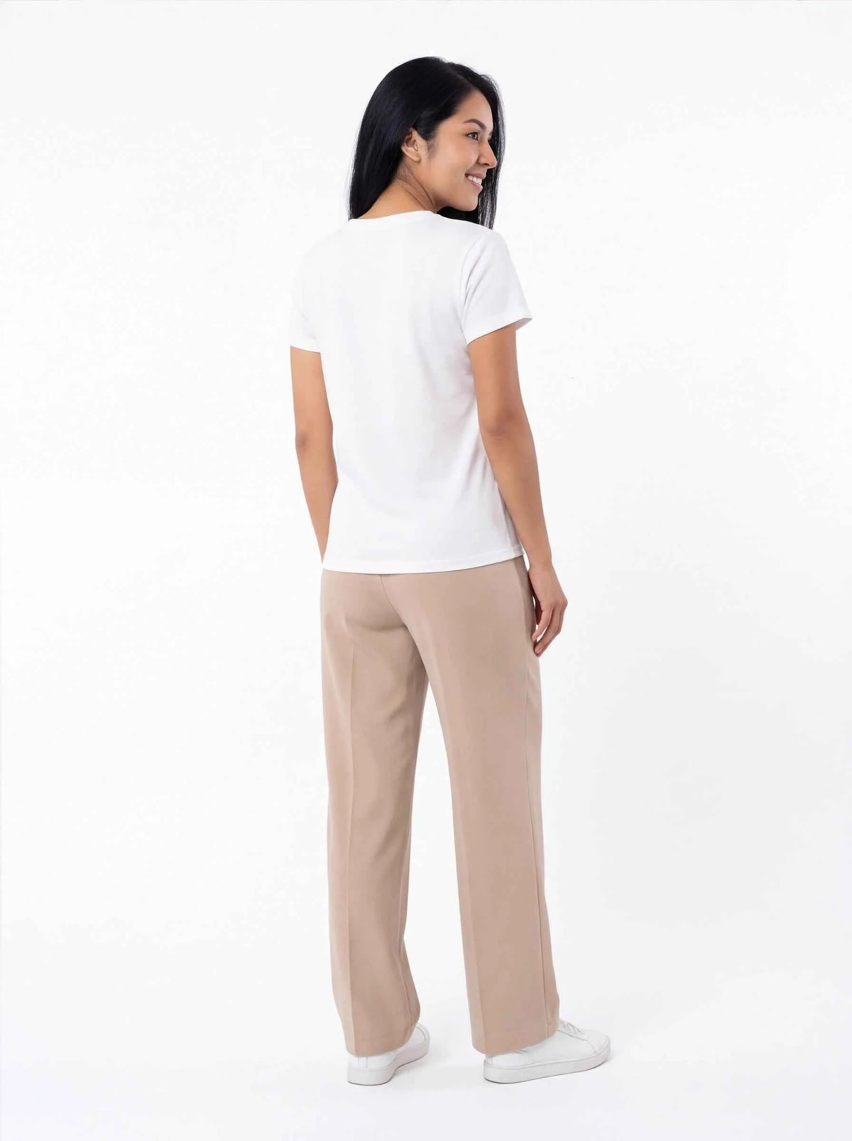 White T-shirt with crew neck, plain back, worn with beige pants