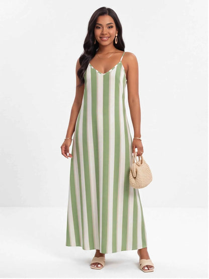 Green and white vertical striped spaghetti-strap maxi dress with V-neck