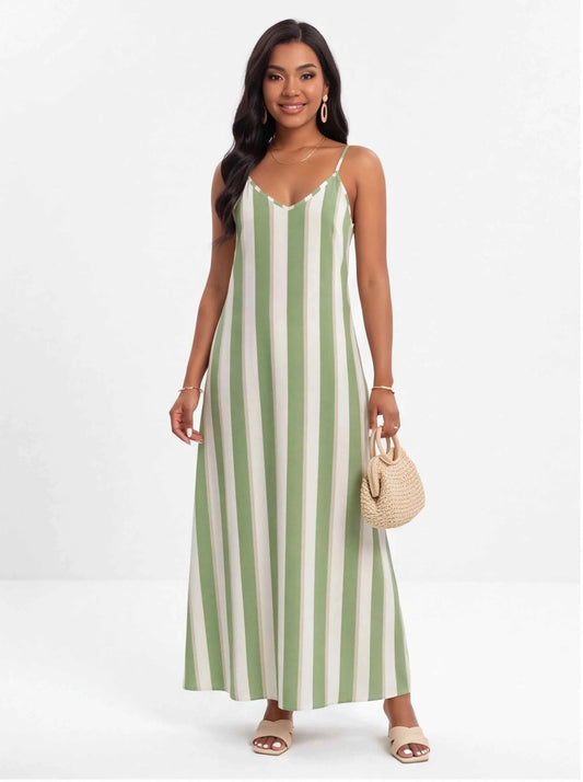 Green and white vertical striped spaghetti-strap maxi dress with V-neck