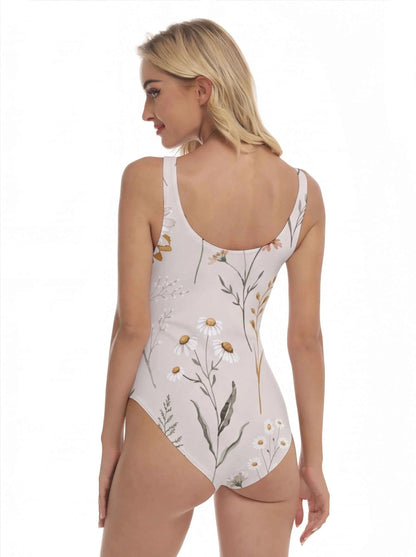 Floral one-piece swimsuit back view with light base and botanical print