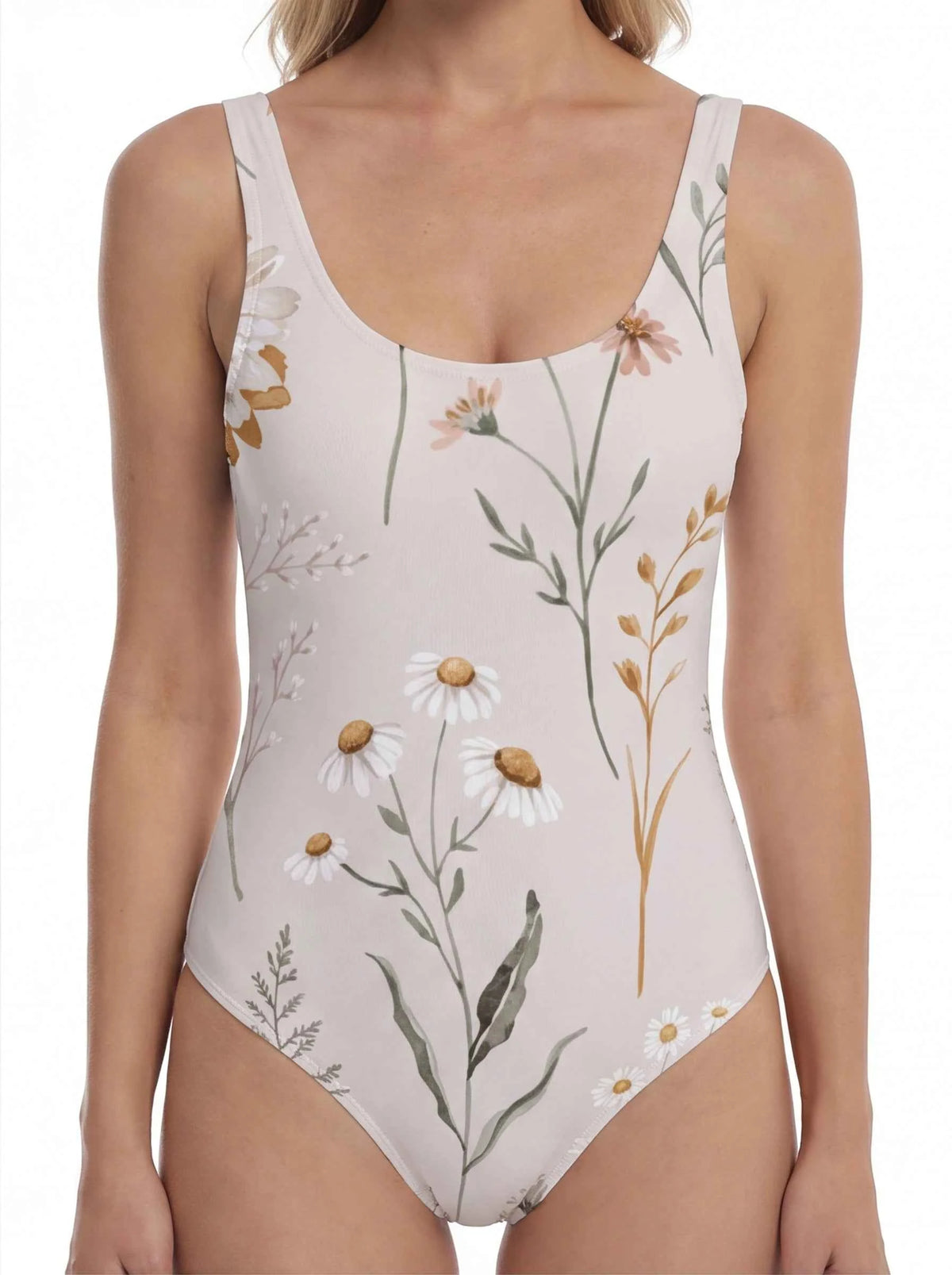 Close-up floral one-piece swimsuit with light base, scoop neck, and detailed print