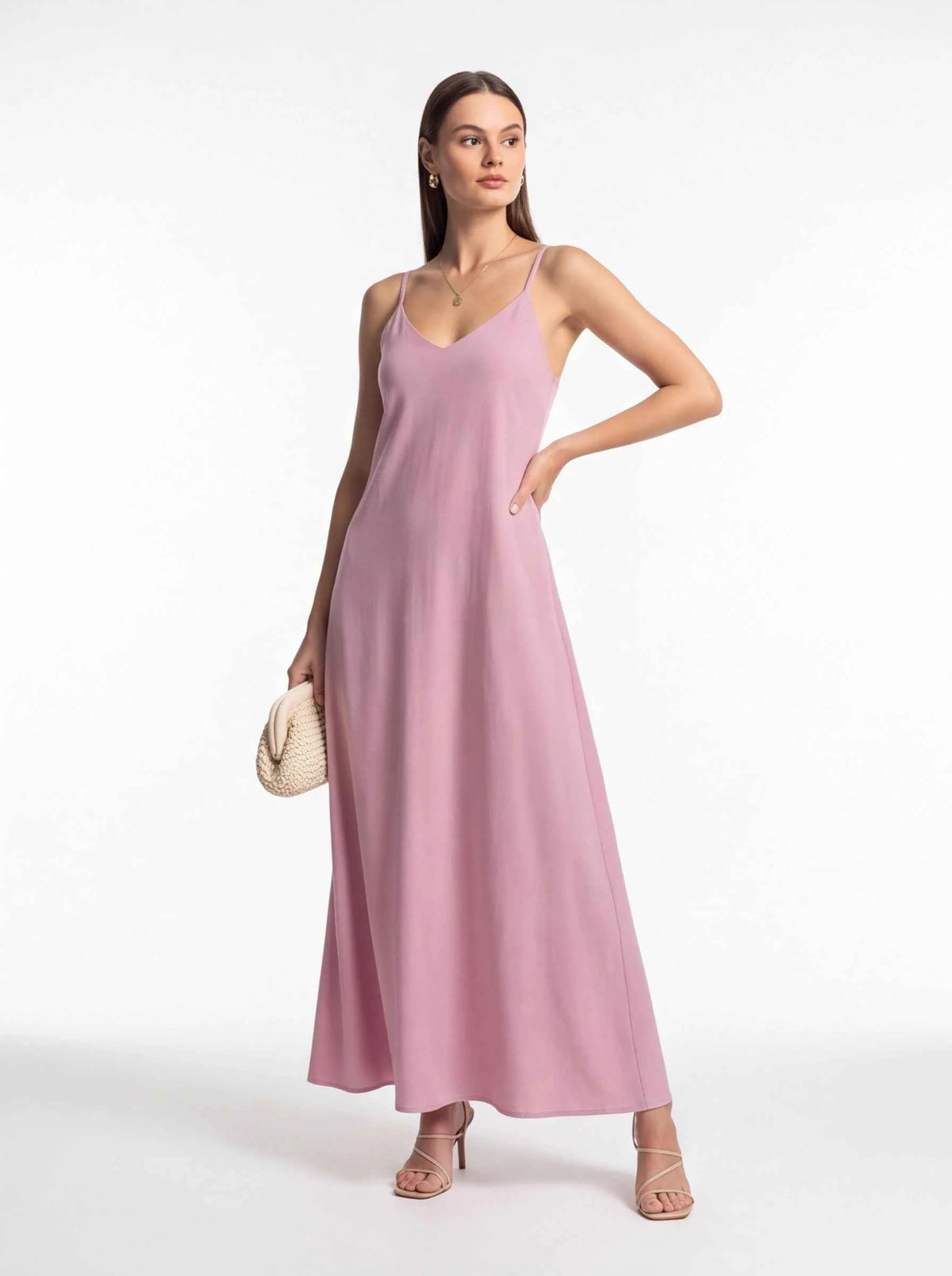 Mauve pink spaghetti strap maxi dress with V-neck and loose, full-length fit