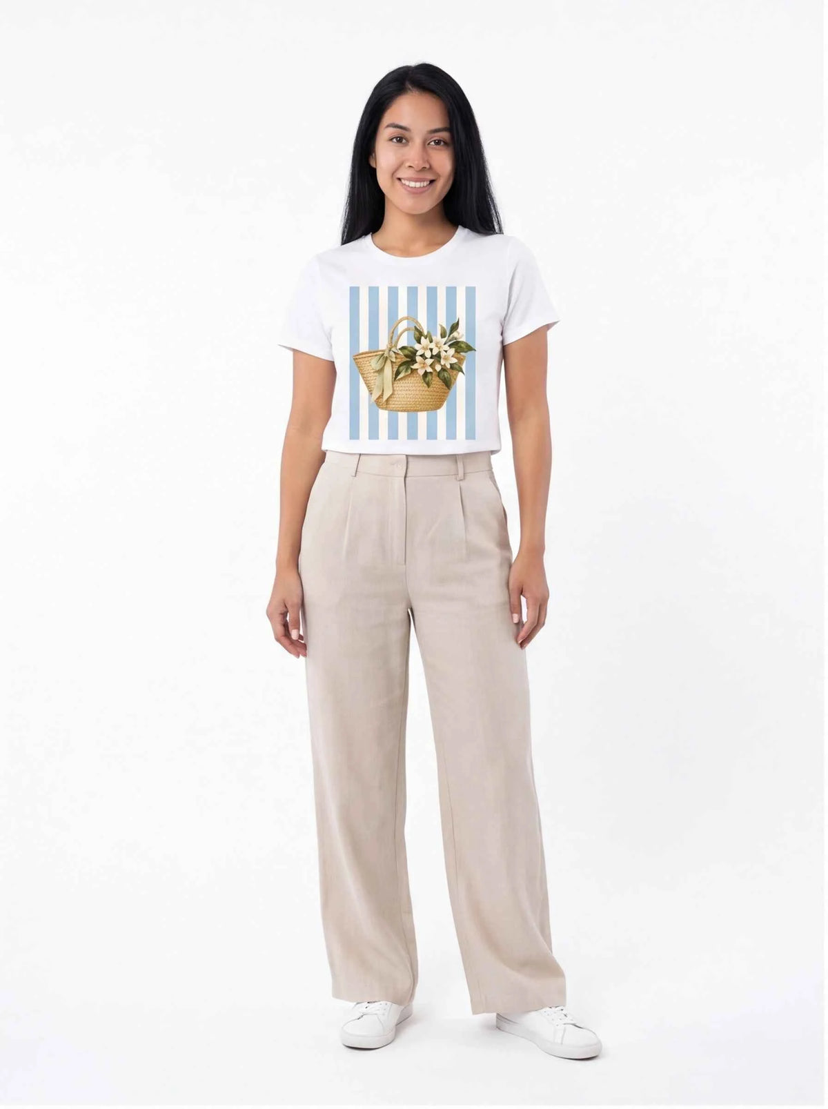White cropped graphic T-shirt with blue-striped basket flower print