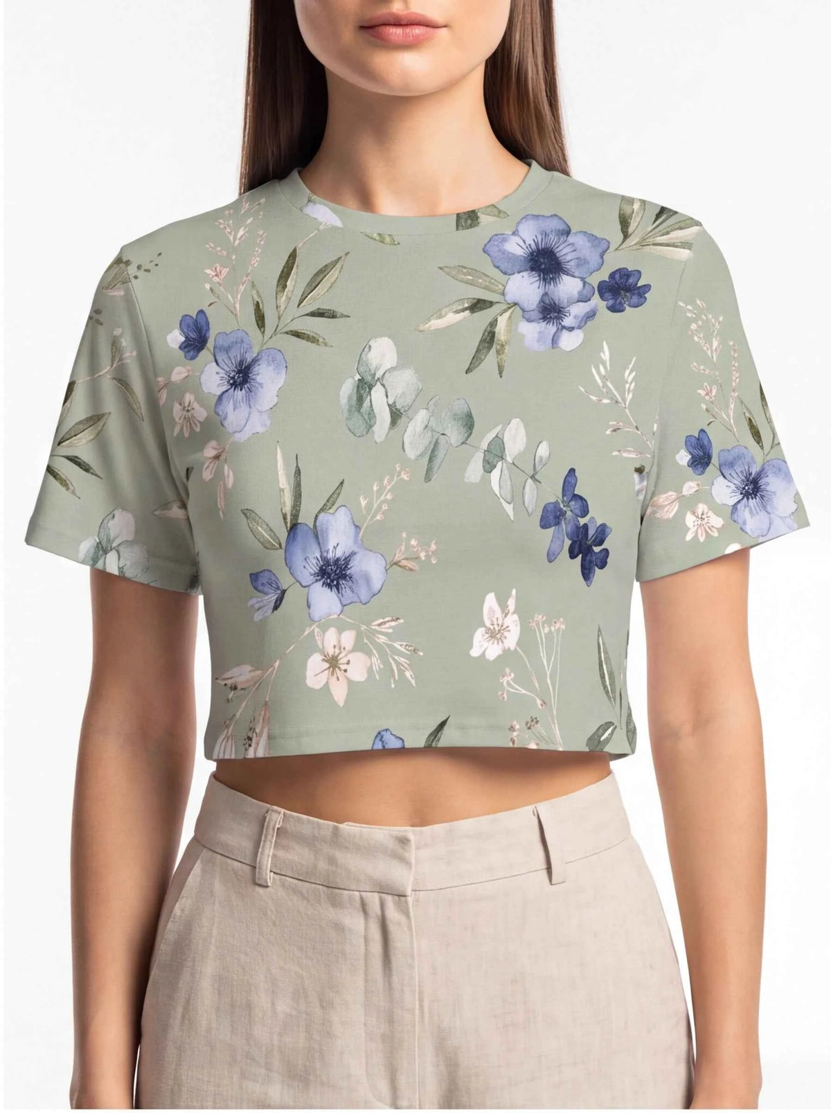 Women’s crew-neck cropped t-shirt, sage green with blue flower and leaf print
