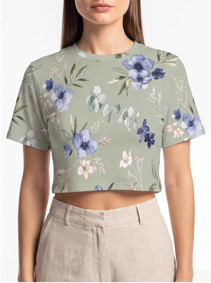 Women’s crew-neck cropped t-shirt, sage green with blue flower and leaf print