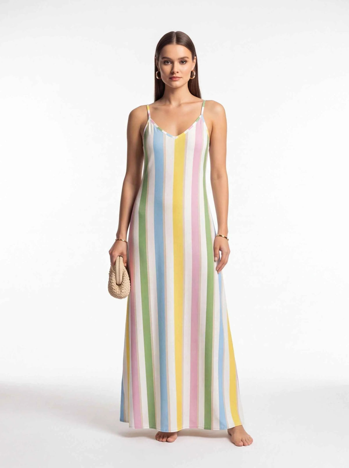 Multicolor vertical striped spaghetti-strap maxi dress with V-neck and midi length