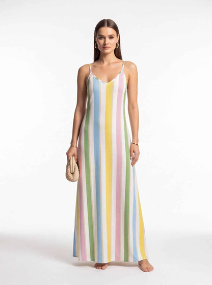 Multicolor vertical striped spaghetti-strap maxi dress with V-neck and midi length