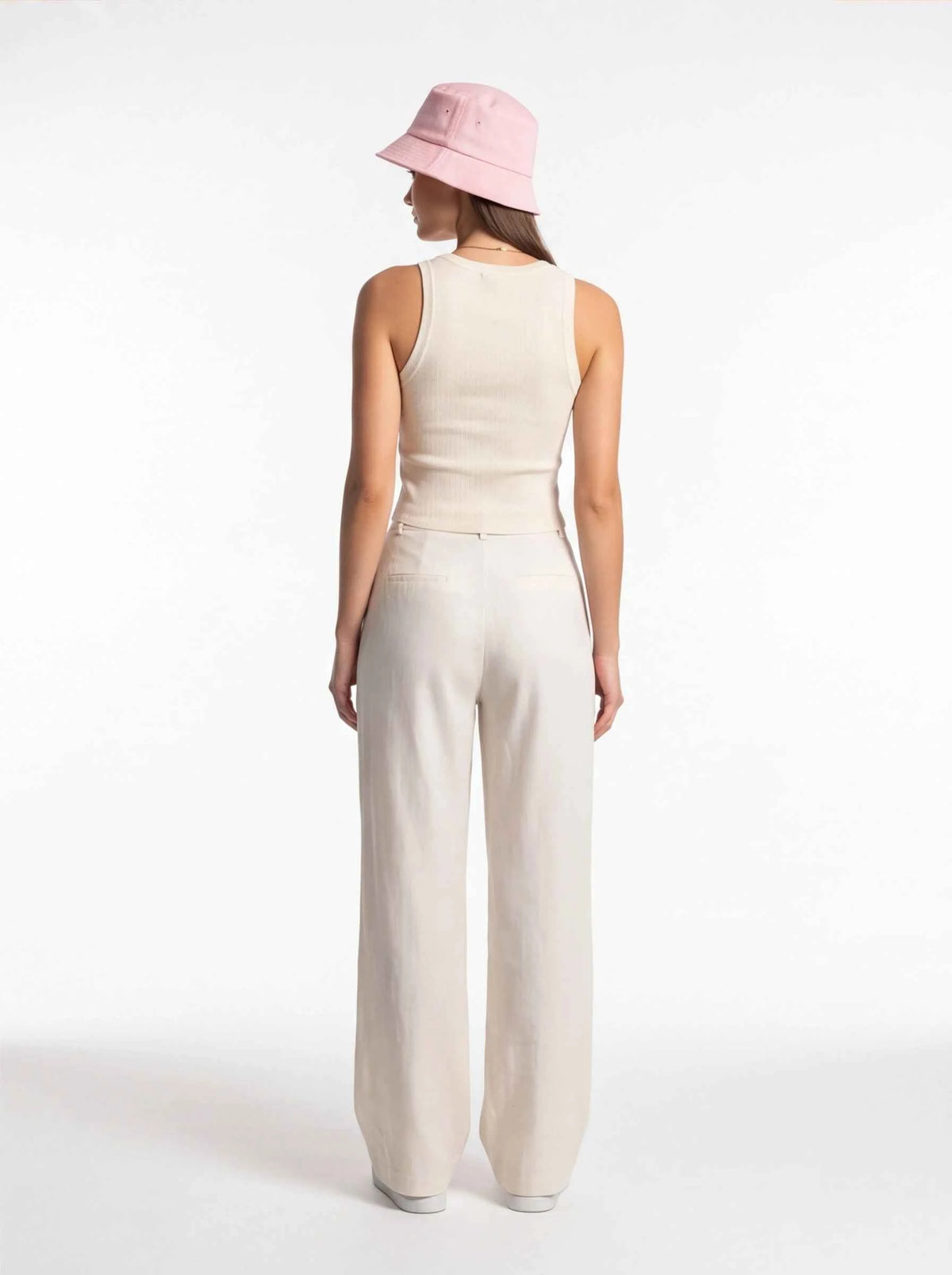 Blush pink bucket hat from back, wide brim