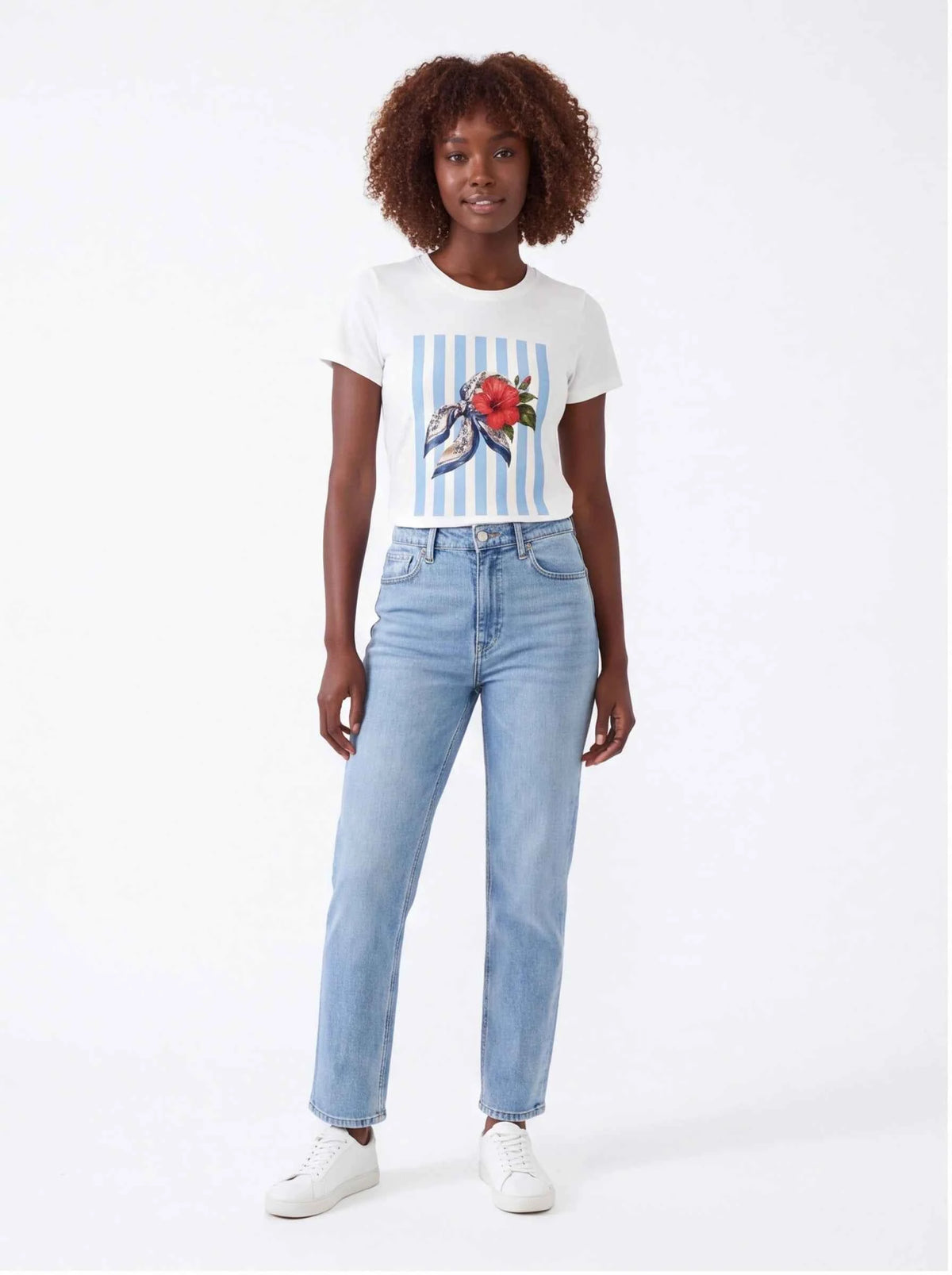 White crew-neck T-shirt with blue striped tropical hibiscus graphic and bow
