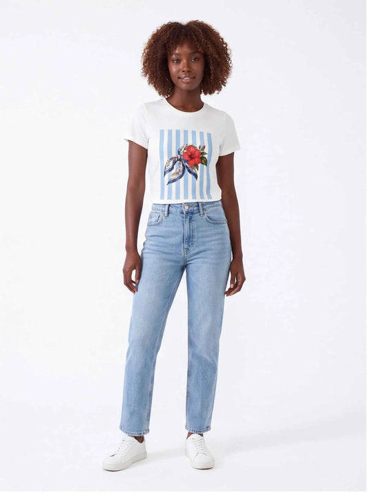 White crew-neck T-shirt with blue striped tropical hibiscus graphic and bow