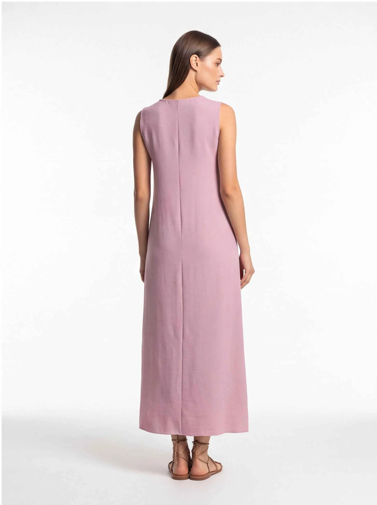 Mauve sleeveless V-neck maxi dress, back view with straight yoke