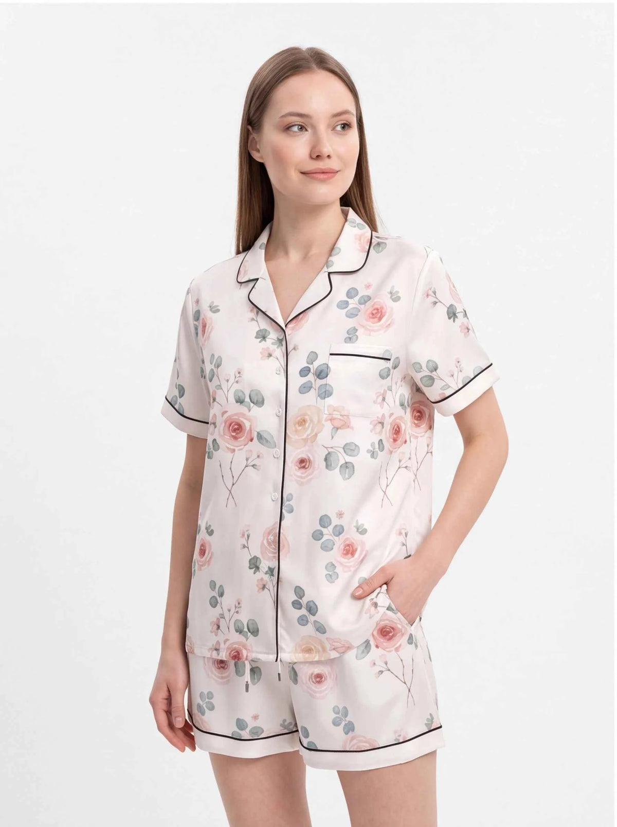 Blush floral satin pajama set with short-sleeve button shirt and matching shorts