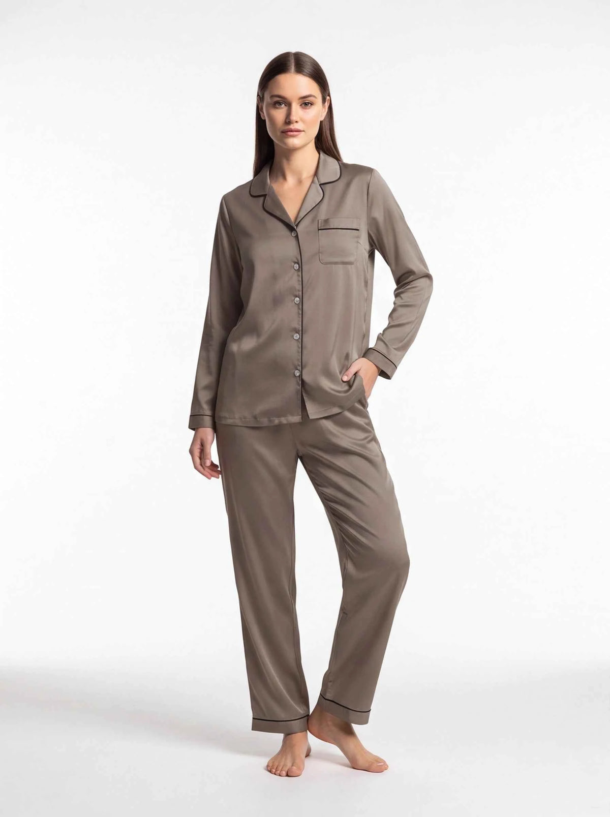 Taupe satin pajama set with long-sleeve button shirt and cuffed trousers