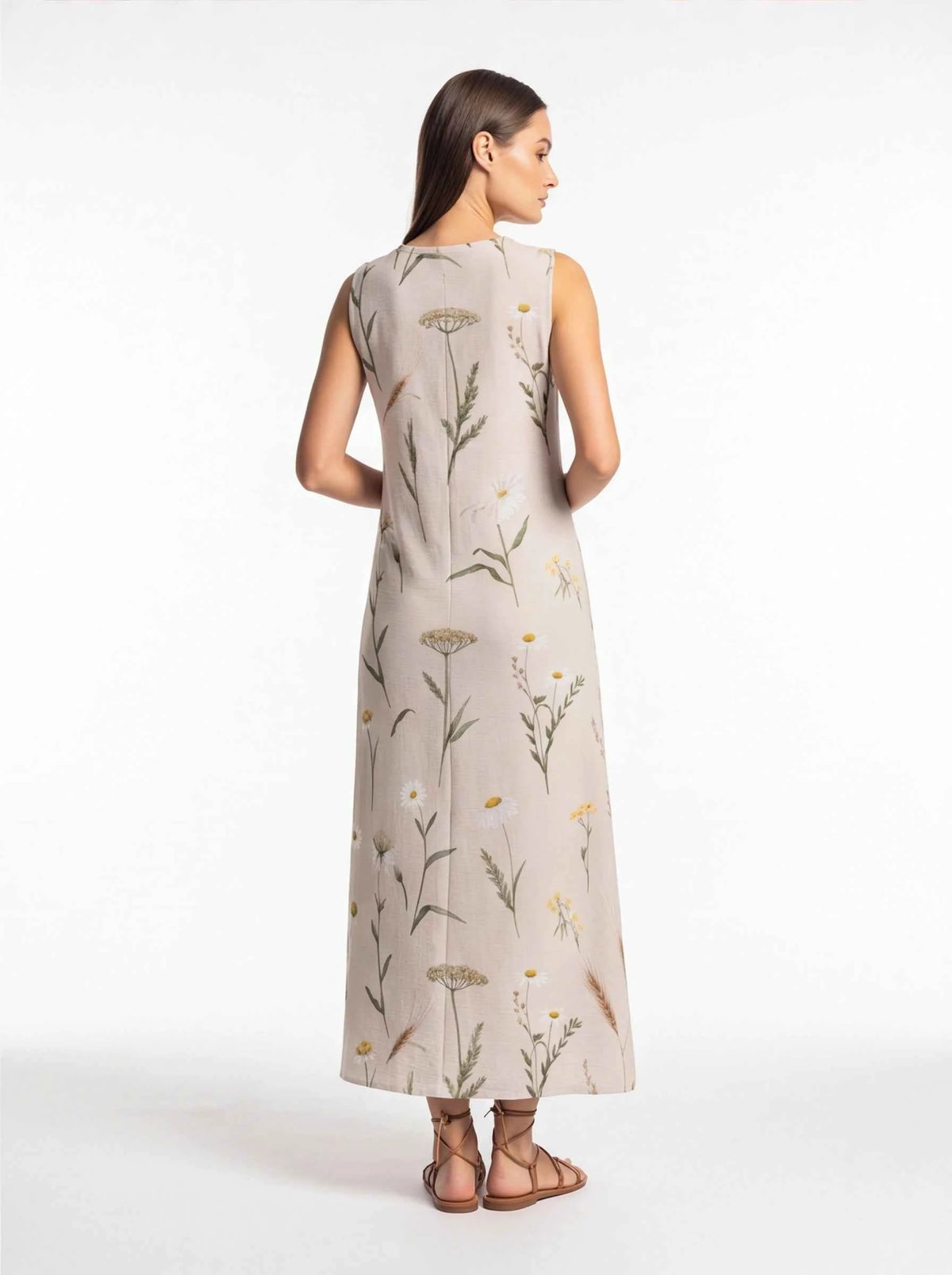 Women’s sleeveless V-neck maxi dress, botanical print on back view