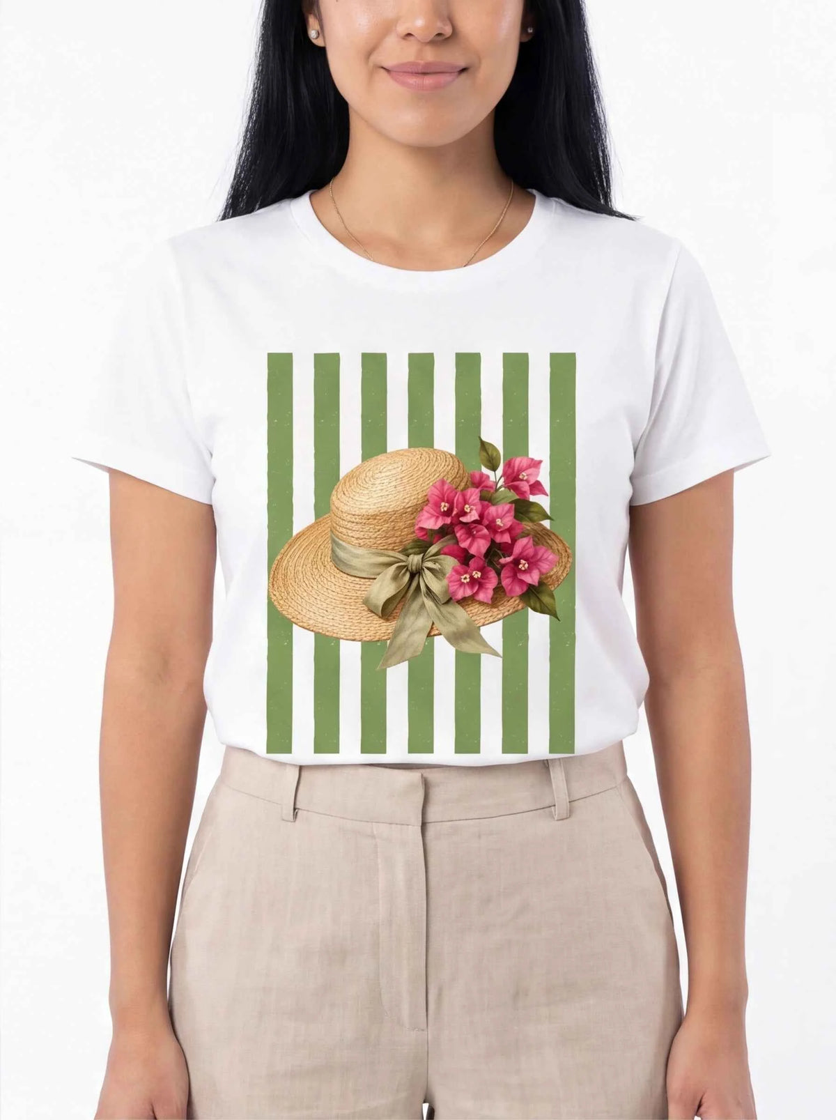 White T-shirt with straw hat and pink flower graphic framed by green stripes