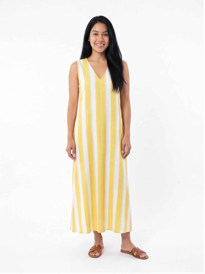 Sleeveless V-neck maxi dress with vertical yellow-and-white stripes