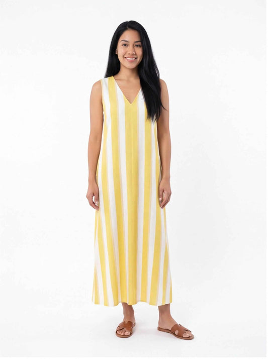 Sleeveless V-neck maxi dress with vertical yellow-and-white stripes