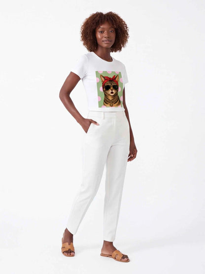 White graphic cat T-shirt with red bow, sunglasses, and chain, angled front
