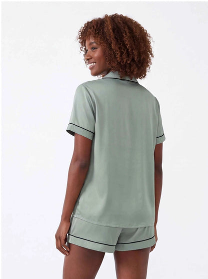 Sage green satin pajama set, short sleeves and back view of matching shorts