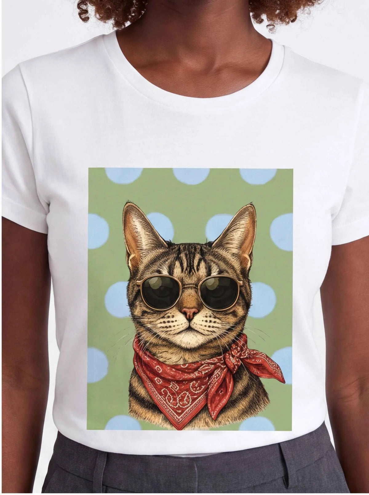 White crew-neck graphic t-shirt with tabby cat wearing sunglasses and red bandana